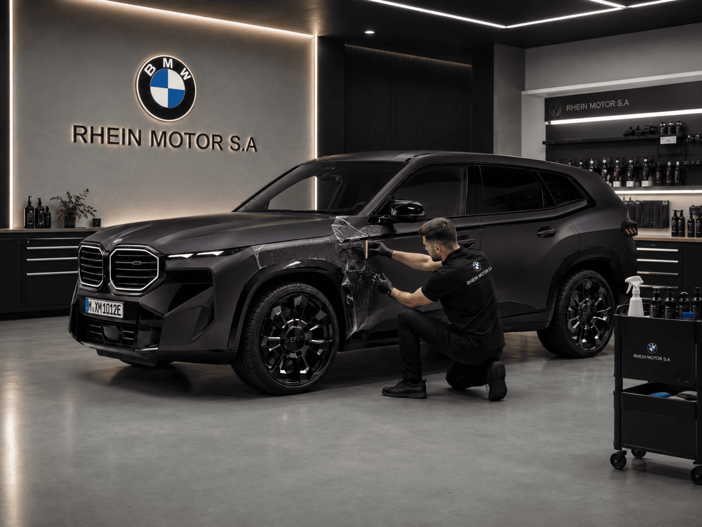 Especialista instalando protección PPF sobre un BMW