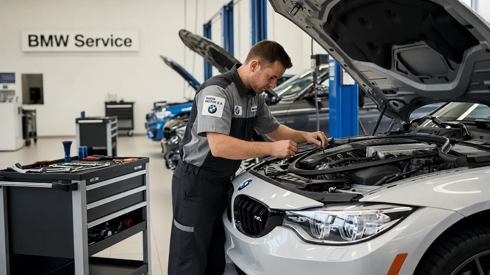 Técnico de Rhein Motor trabajando sobre el motor de un BMW