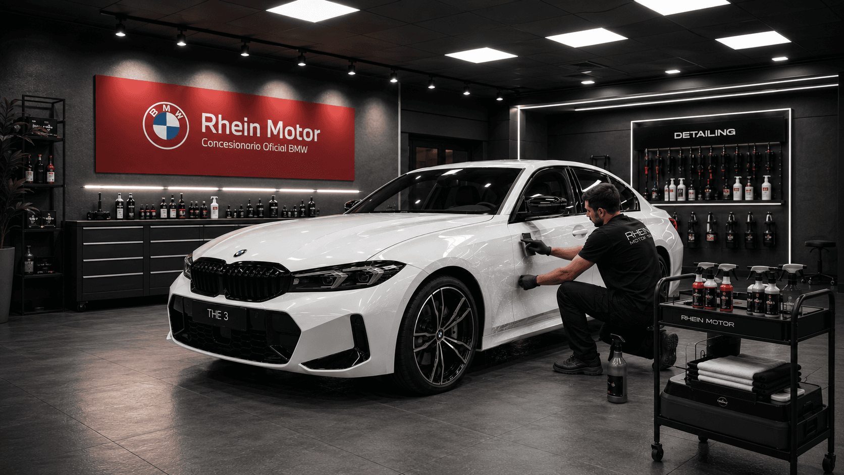 Especialista realizando un tratamiento de detailing sobre un BMW