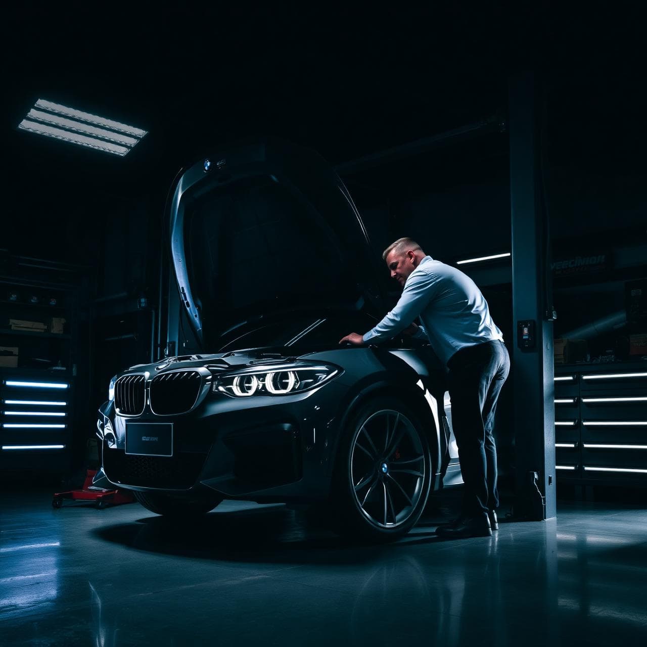 Técnico especializado trabajando sobre un BMW en el taller